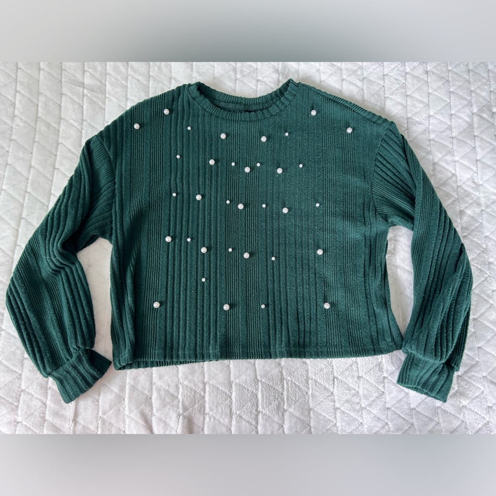 SHEIN | Dark Green Rib Knit Lightweight Sweater with Pearl Detail | Size Small - Picture 2 of 10